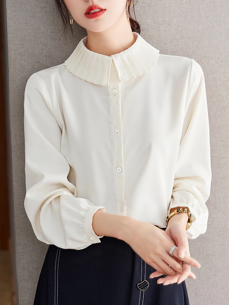 QOERLIN Spring Fall 2023 French Commuter Plain Top Pleated Frilled Collar Apricot Shirt Long Sleeve Elegant Office Ladies Blouse