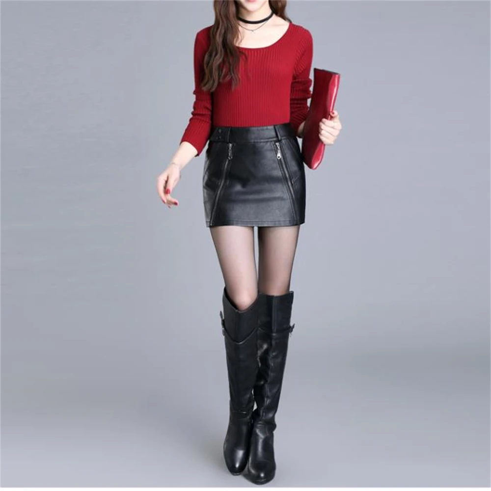 

Women's Faux PU Leather Short Skirt Black Tight Culottes Sexy Mini Skirts High Waist Zipper Stitching Spring Hot Sale