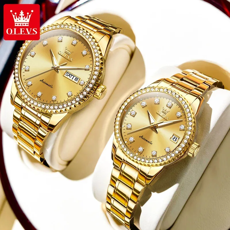 OLEVS 7003 นาฬิกาคู่หรูหรานาฬิกากลไกอัตโนมัตินาฬิกากันน้ําผู้ชายผู้หญิงนาฬิกานาฬิกาคนรักของเธอ