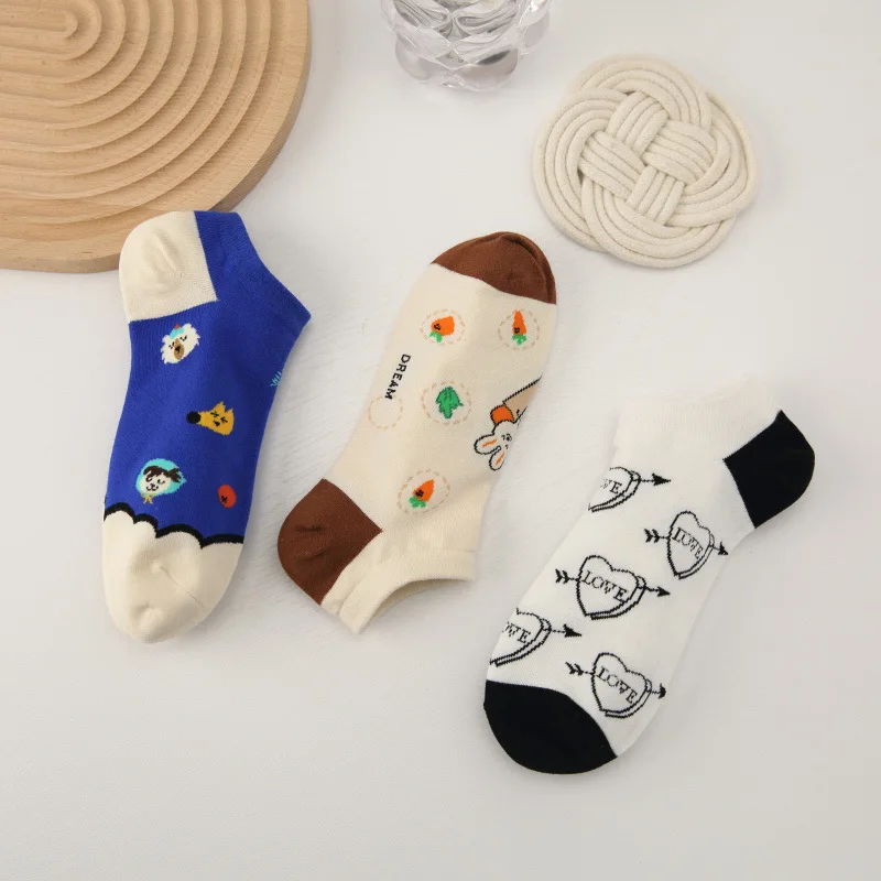 5Pairs/Pack Cartoon Funny Combed Cotton Woman Socks Rabbit Portrait Heart Cute Kawaii Women Boat Socks Sox Slippers Lot