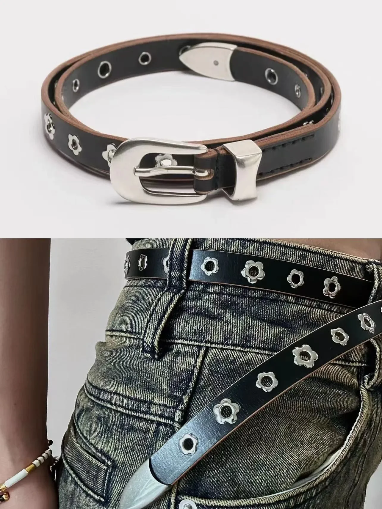 Ceinture en cuir ornée de rivets pour femme, clou de fleur noire, trou de taille floral, structure en peau de vache