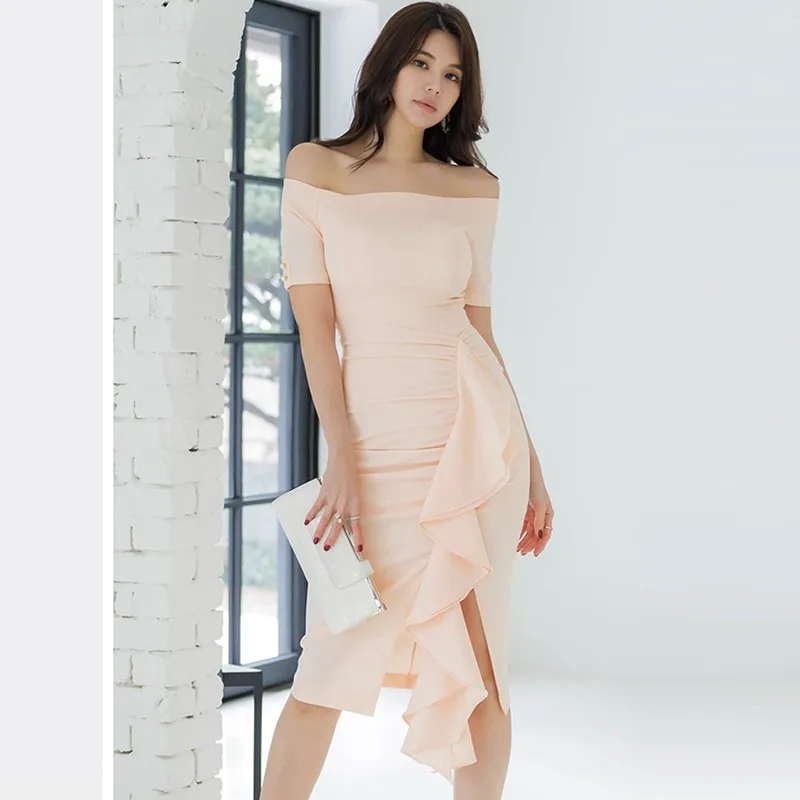 Women Bodycon Dresses New Arrival 2024 Summer Korean Style Slash Neck Solid Color Elegant Slim Ladies Party Dresses W1652