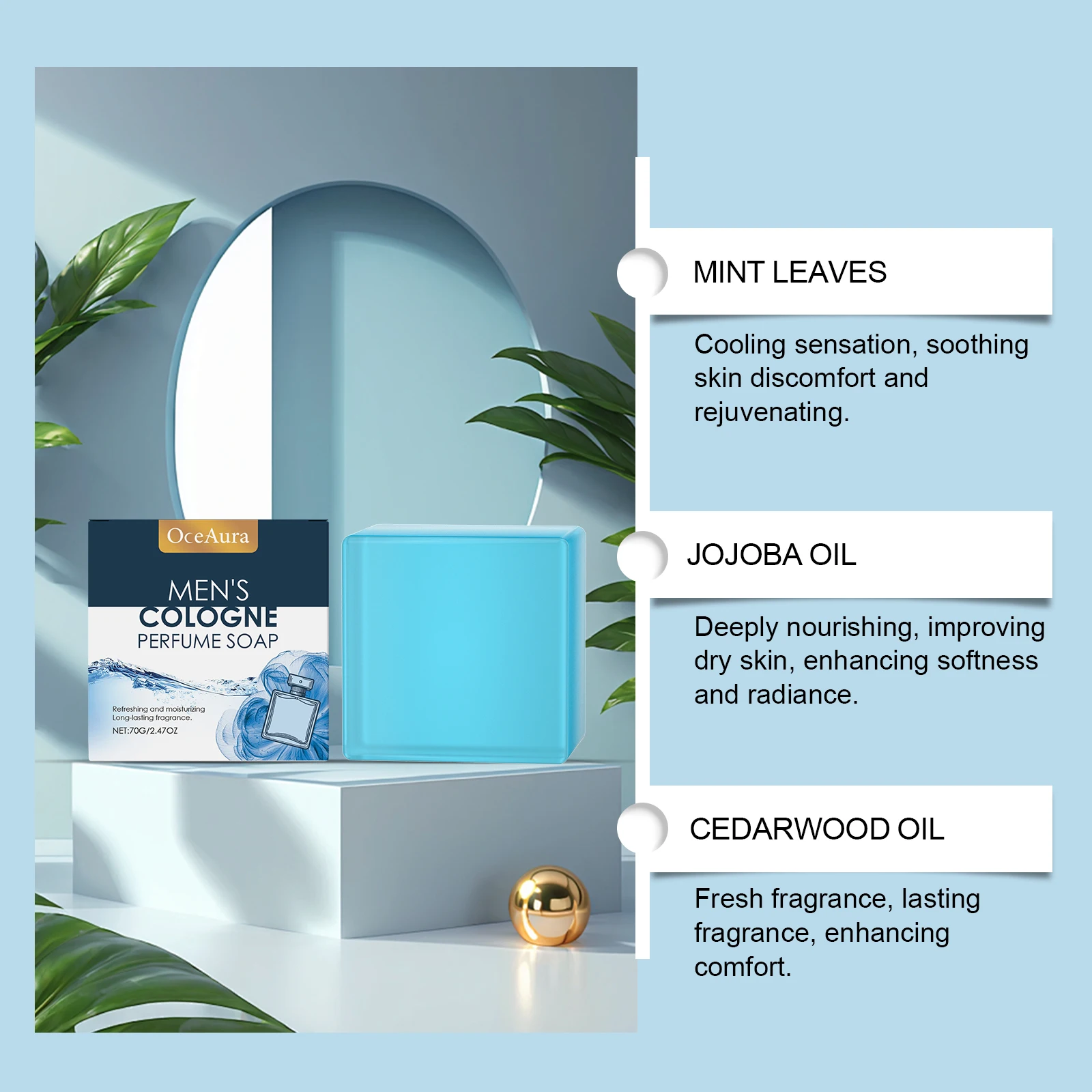 OceAura-jabón de baño con Perfume para hombre, limpieza suave de la piel corporal, refrescante, no graso, jabón para el cuidado cómodo, textura fresca, 70g