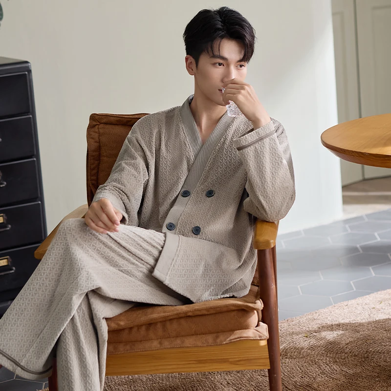 

Winter V-Neck Pyjamas Male Pajama Set Jacquard Island Fleece Japanese Kimonos For Men Big Yards 3XL Thick Warm Yukata Robes Set