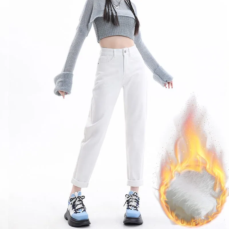 

2024 Winter Fall White Jeans Women Fleece Warm Denim Ankle-length Trousers High Waist Slim Harem Pants Jean Female 787