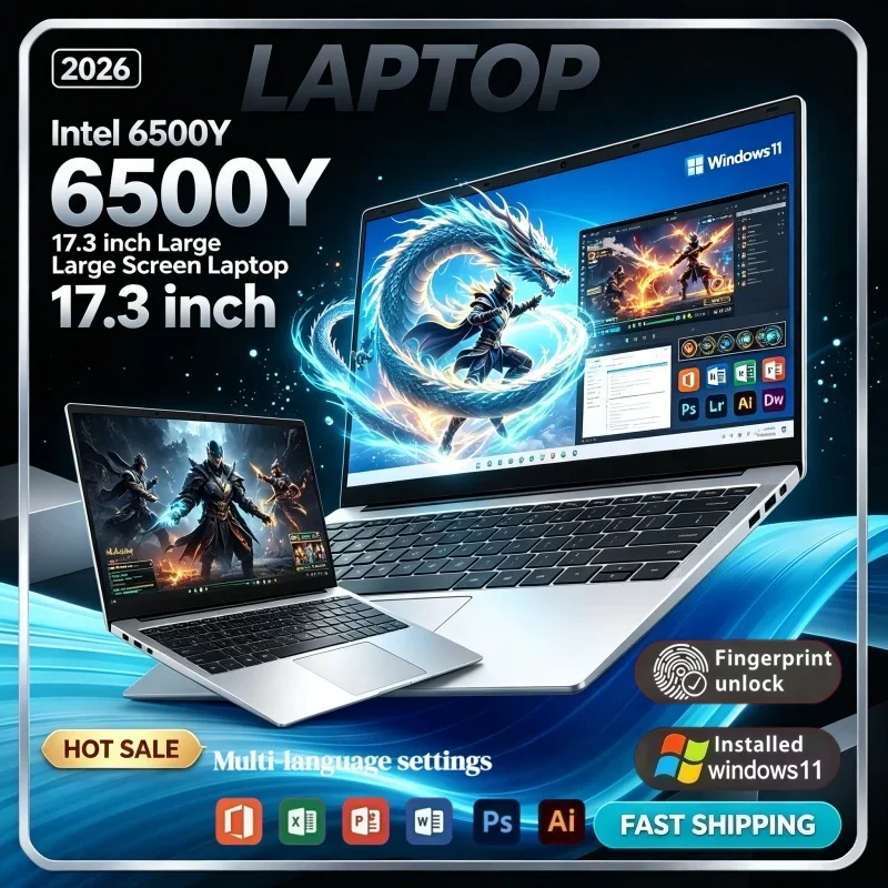 Large Screen Laptop 17.3 Inch Intel 6500Y Smooth Office Study 16GB/32GB RAM Windows11 1/2TB Large SSD Slim 2026