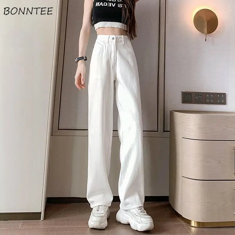 

Jeans Women Straight Full-length Loose High Waist Solid Simple Basics Korean Style Casual Washed Leisure All-match Spring Chic