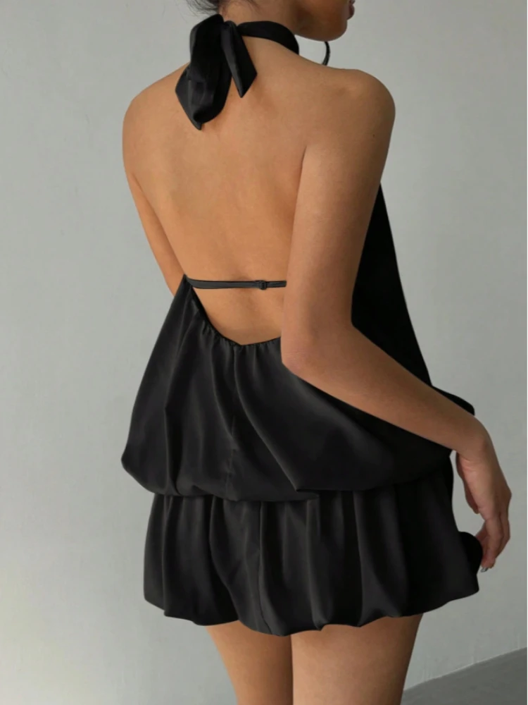 French solid color hanging neck off shoulder dress women summer sexy spicy waist cinched fluffy skirt covers buttocks Y2K