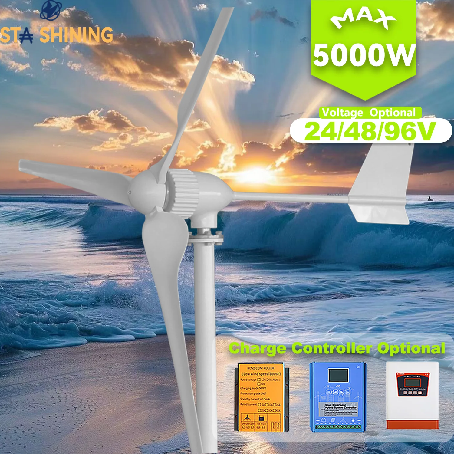 

【Higher-Output】Horizontal Wind Turbine Generator 5000W Max Windmill W/ MPPT Hybrid Charge Solar Wind Off-Grid System, 3 Blades