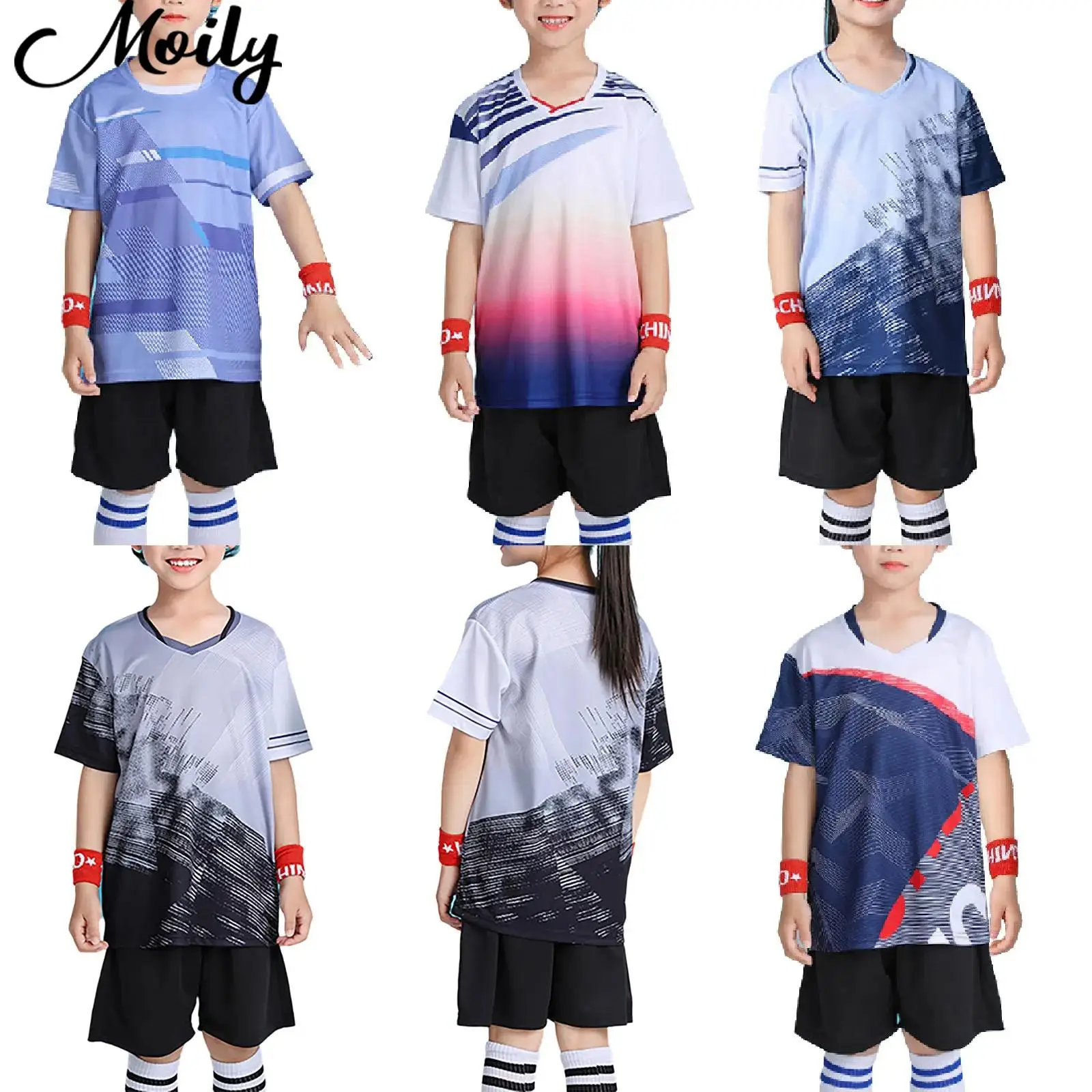 

Summer Boys Sport Set Soccer Uniform Football Badminton Training Outfit Short Sleeve Contrast Color Stylish T-shirt with Shorts