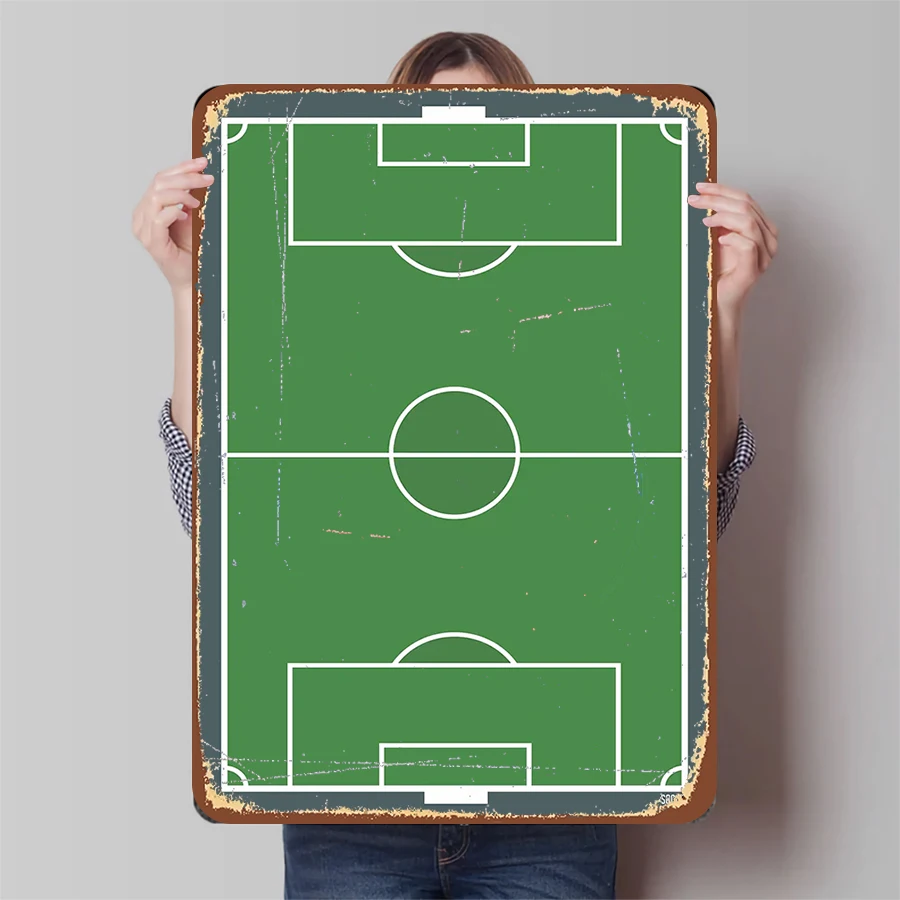 Soccer Field Classic Green Pitch Pattern Metal Wall Art Sports Theme Home Bar Decor Gift