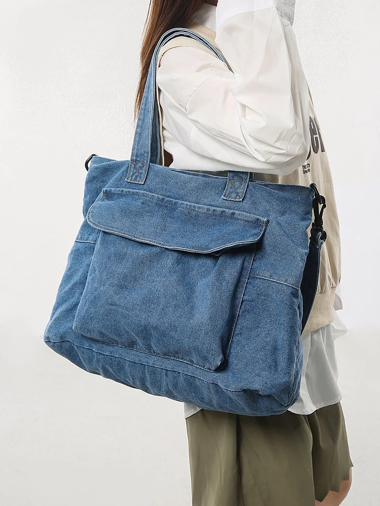 Fashion Multi Pocket Denim Tote Bag for Ladies Washed Vintage Design Large Capacity Removable Strap Casual  Handbag