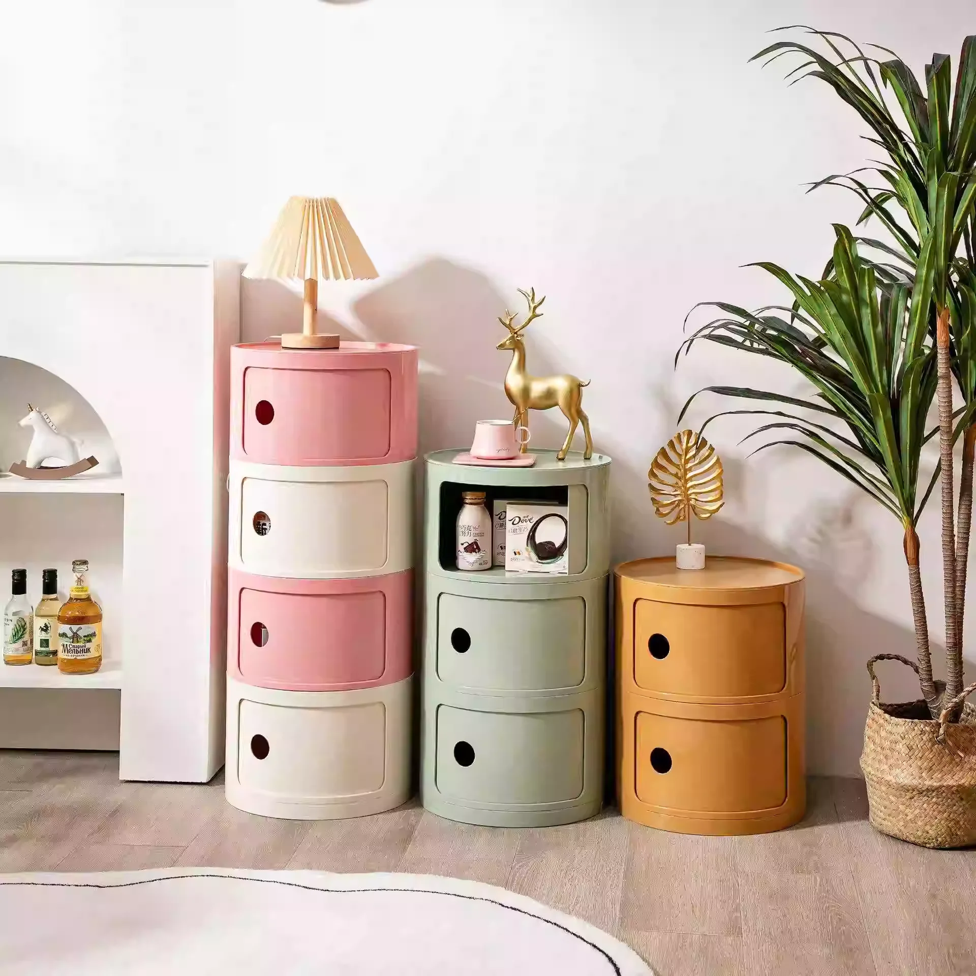 

Round Bedside Table Plastic 3-4 Layers Nordic Bedside Cabinet For Bedroom Living Room Side End Table Nightstand Storage Locker