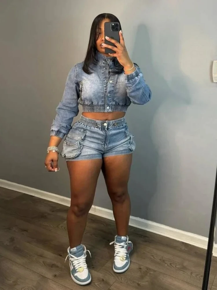 

Leosoxs джинсовый женский комплект, укороченная джинсовая куртка с длинными рукавами + шорты, джинсовый костюм, уличный спортивный костюм-карго, комплект из двух предметов, одежда для фитнеса