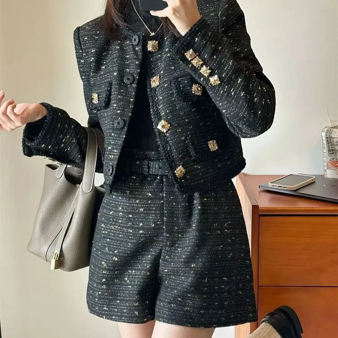 Women Black gold woven noble set fashion short coat + high waist shorts coat women