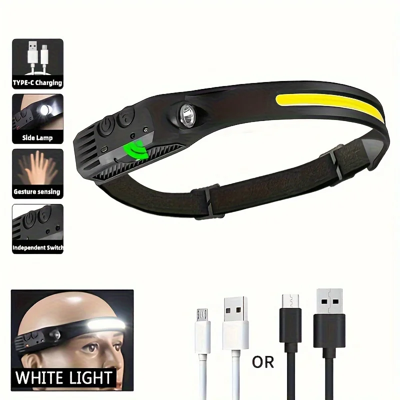 Sensor Headlamp LED Flashlight Built-in Battery USB Rechargeable XPE+COB Torch Camping Waterproof Headlight Fishing Lantern