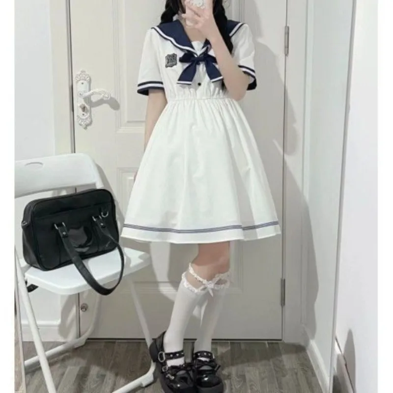 

Japanese Lolita 2024 Academy Style Pullover Navy Collar Button Bow Sweet and Cute Fashion Lower Back Solid Color JK Dress