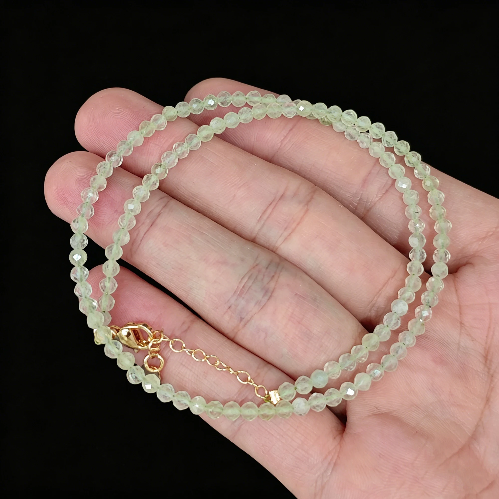 Natural Prehnite Faceted Micro Beads Bracelet Gold Tone Clasp Light Green Gemstone Delicate Strand Jewelry for Women