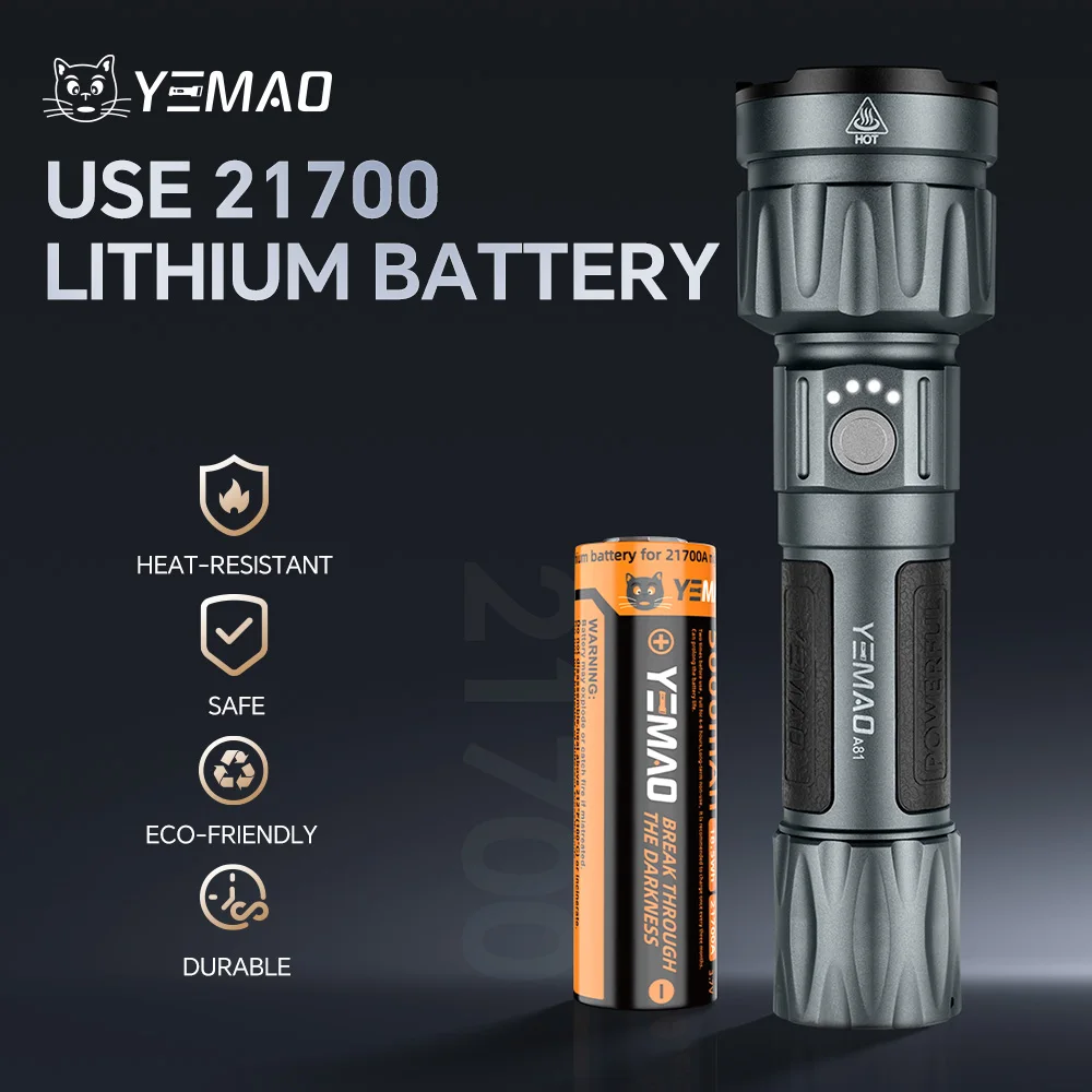 Linterna YEMAO-A81 6210LM, lig de búsqueda de carga USB-C, haz de 500 m, batería 21700, pantalla inteligente, resistente al agua IPX4, interruptor táctico
