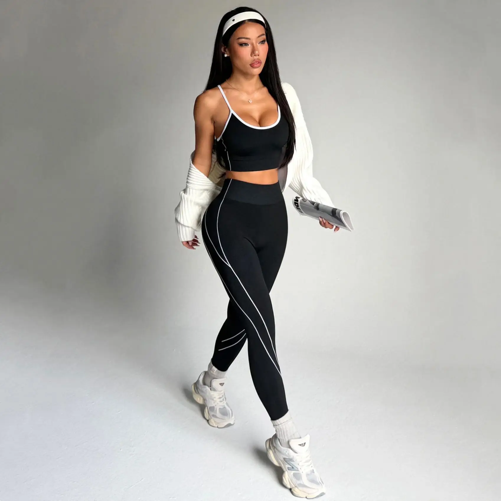 2 Piece Sports Set Slim Fit Workout Outfits Tummy Control High Waisted Leggings Breathable Yoga Sets for Gym Running Daily Wear