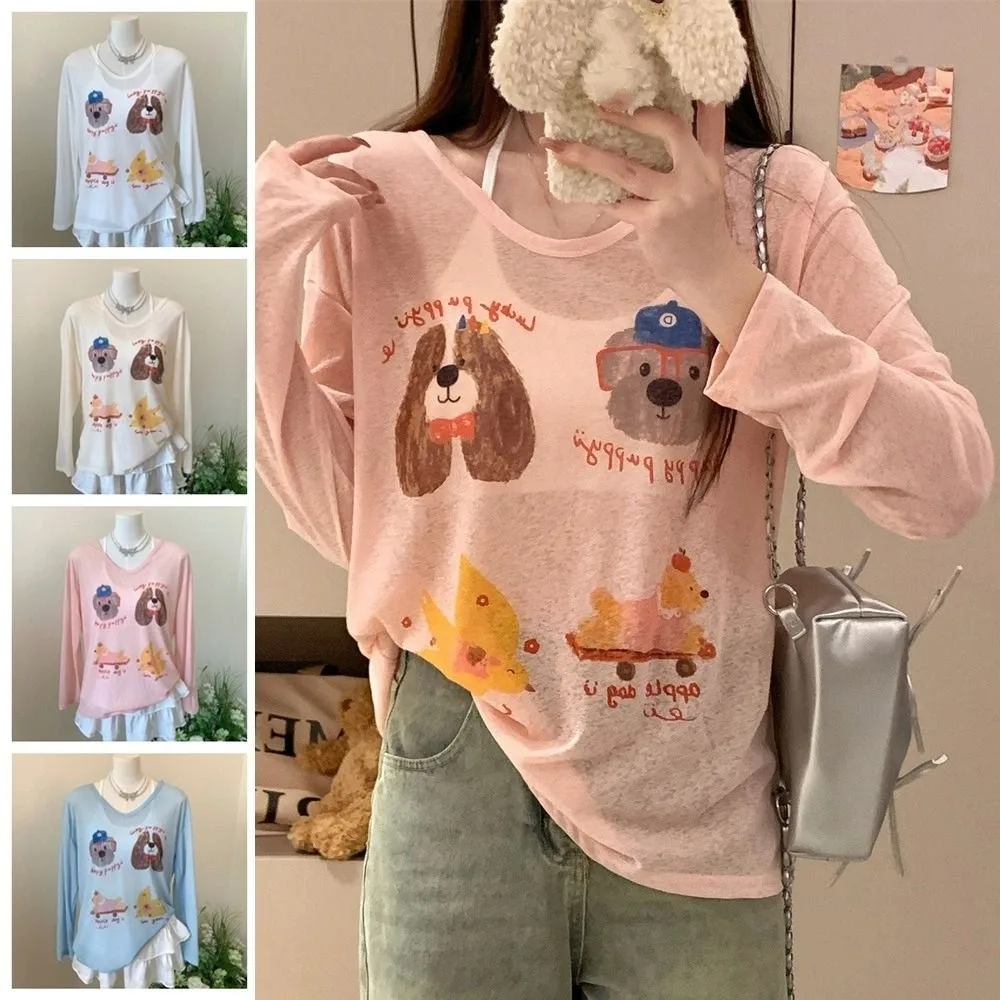 

Thin Dog Print Graphic T-shirt Sunscreen Cartoon Cartoon Animal Long Sleeved Top Harajuku Ins Round Neck Oversized T-shirt