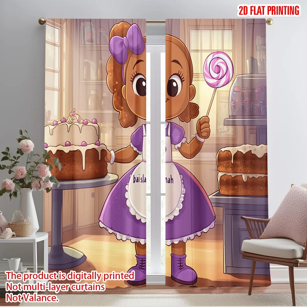 2pcs,2D plane printing Creative Curtains Gingerbread Baker Cake Strawberry (3) Durable Polyester (without rod) Holiday Perfect