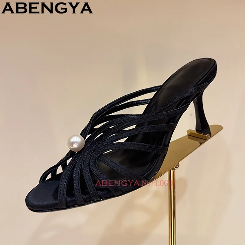 Summer Thin Heels Slides Pearls Studded Slippers Women Hollow Out High Heel Sandals Women's Slippers 2026 view 4