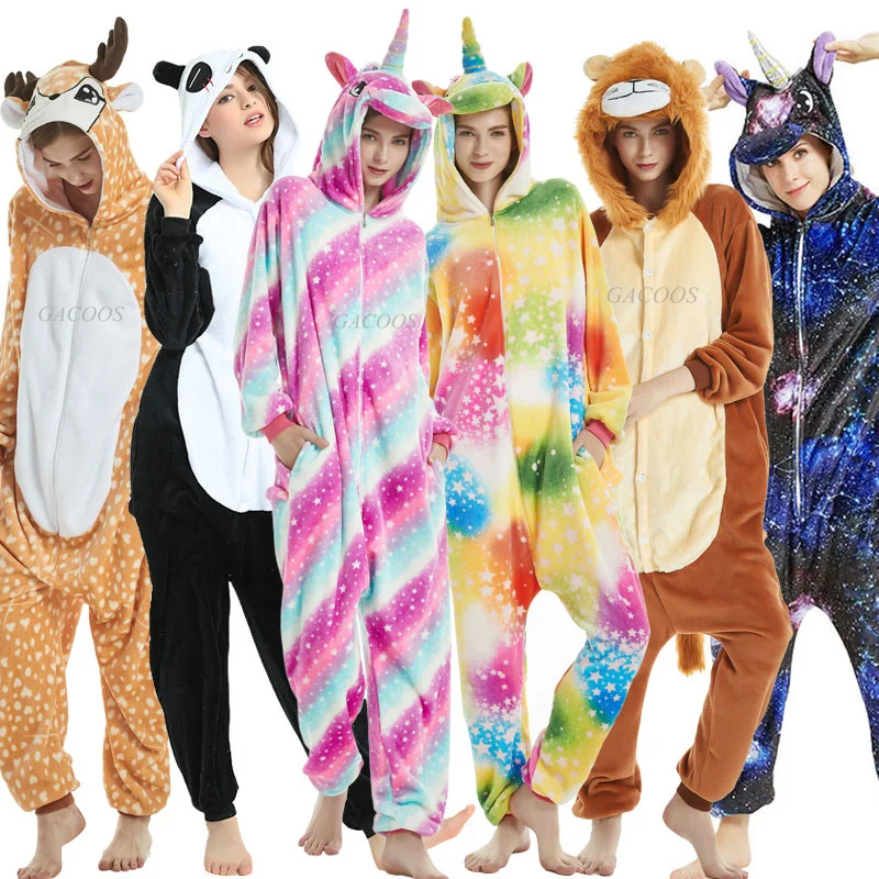 Adults Animal Onesies Unicorn Kigurumi Pajamas Sleepwear Women Men Winter Unisex Lion Deer Costumes Kids Cartoon Flannel Pajamas