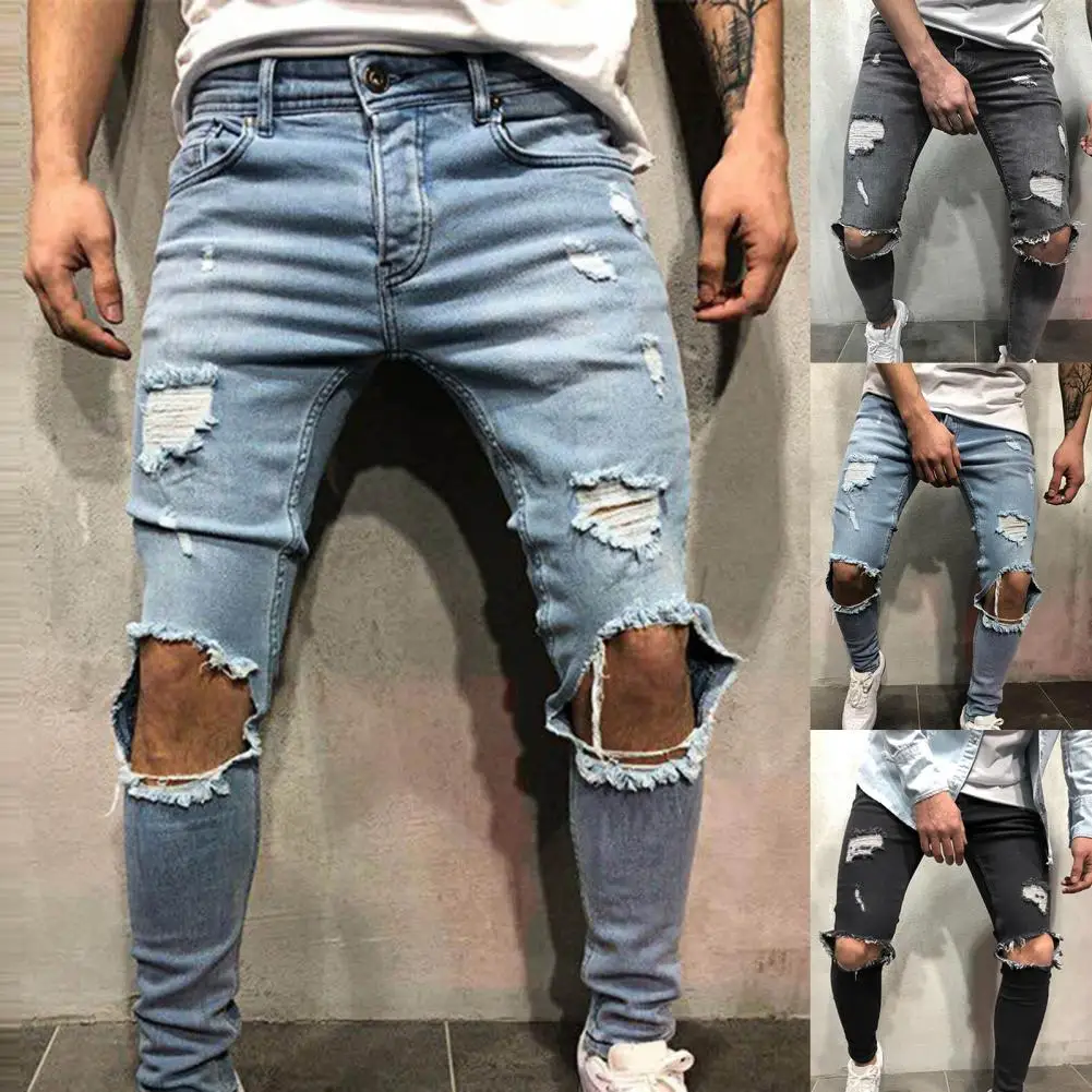 Stylish Men Jeans Solid Color Zipper Fly Slim Ragged Zipper Fly Trousers  Trousers Pocket