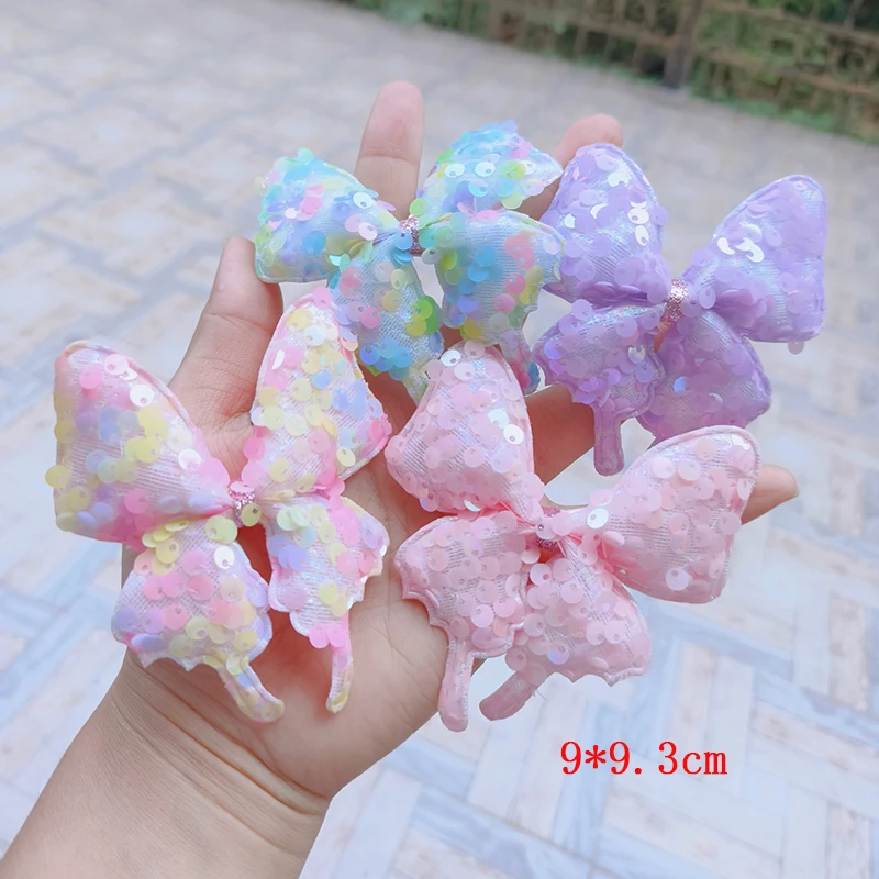 Dupla camada Lantejoula Borboleta Patches, Tecido Bow Patches, Apliques para DIY, Crianças Roupas de Cabelo Decoração, Nova chegada, 10Pcs