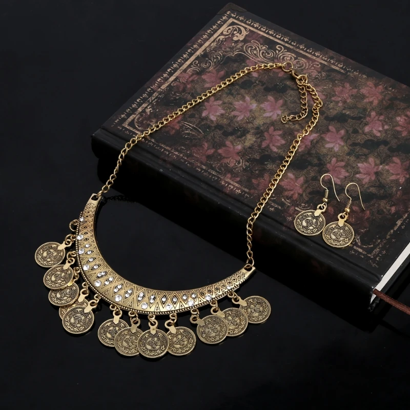 31BB 2pcs Exquisite Silver Metal Clavicle Chain Ethnic Style Coin Necklace Earring Set Gift for Women Teen Girls Daily Wear