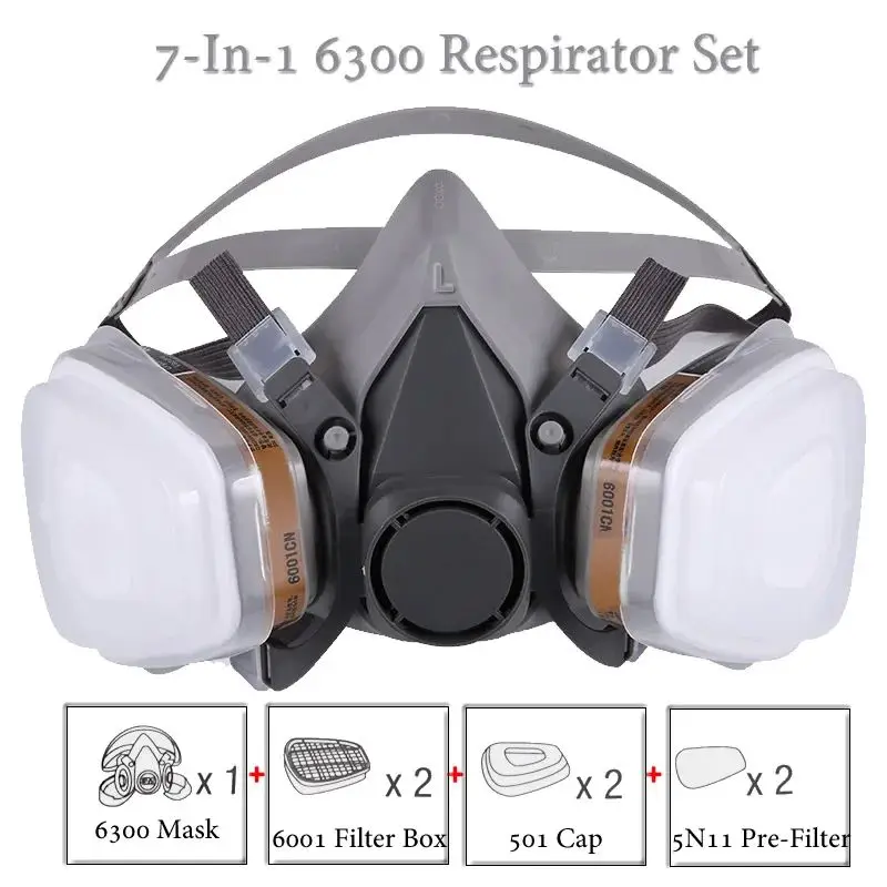 8-In-1 6300/6200 Dust Gas Mask With Safety Glasses Half Face Gas Respirator For Painting Spraying Polishing Work Safety