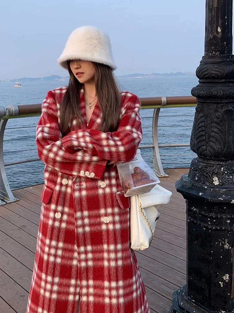

Autumn Winter Oversized Long Thick Warm Colorful Plaid Wool & Blends Coat Women Loose Runway European Fashion 2023