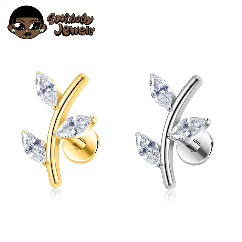 ASTM F136 Titanium 16G 18G Marquise CZ Leaves Stud Earring Leaf Shaped Helix Cartilage Conch Flat Back Piercing Body Jewelry