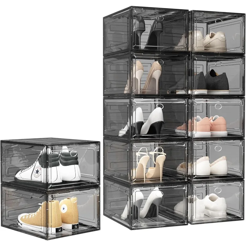 

Upgrade Harder Solid Plastic Shoe Organizer with Magnetic Front Door, 12 Pack Shoe Boxes Clear Stackable, Sneaker Storage