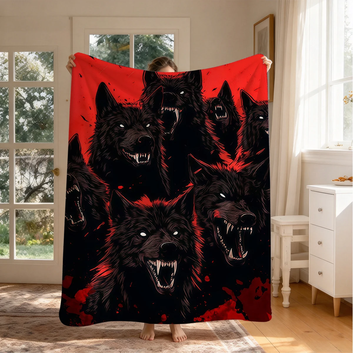 Raging Red Backed Wolves Flannel Blanket Warm Soft Halloween Christmas Couch Warm Cozy Decorative Decor Gift for All Season