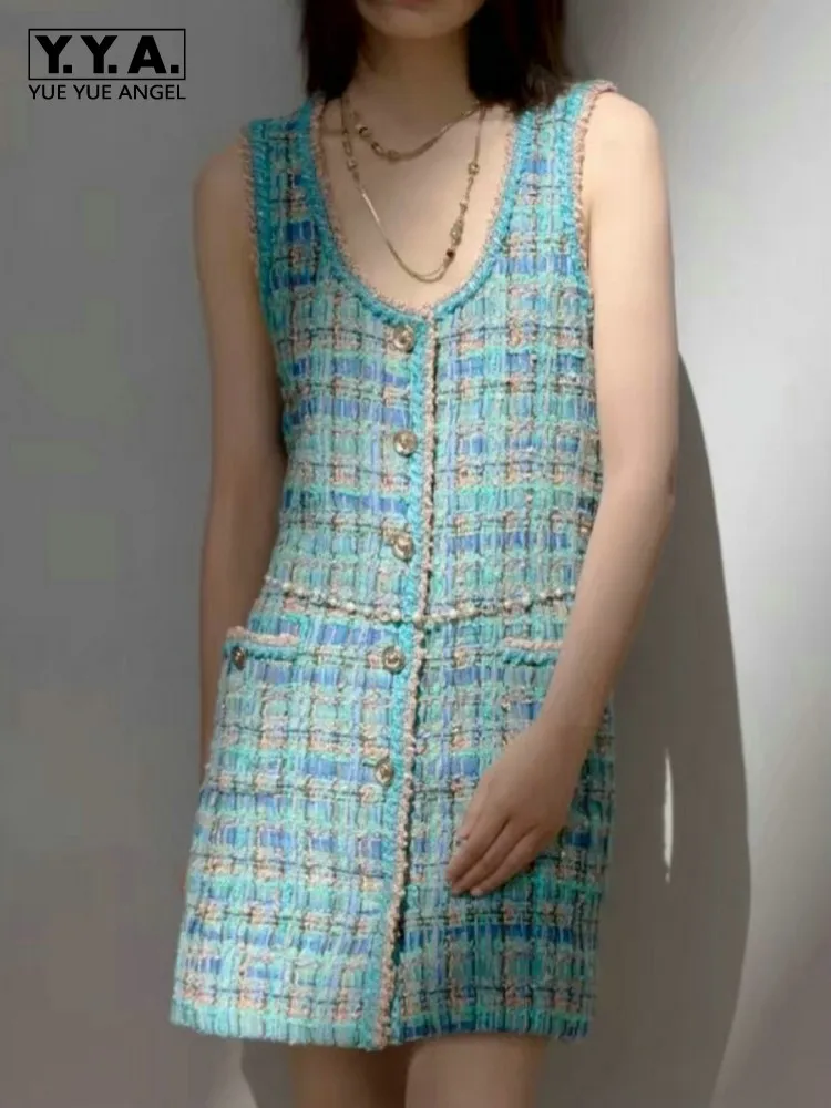 Office Ladies Sleeveless Tweed Dress Single Breasted Eleagnt Plaid A Line Short Dresses Women Spring Summer Casual Tank Dress