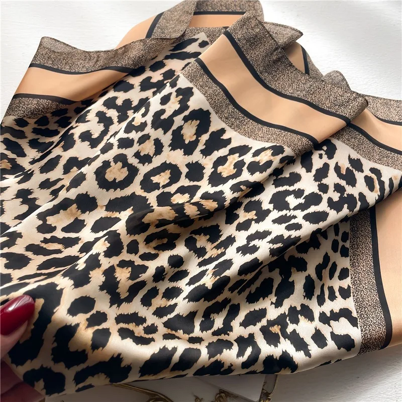 1pcs 70cm Leopard Print Silk Scarf for Women Imitation Silk Light Luxury Versatile Headwear Bag Decoration Clothing Square Scarf image 4