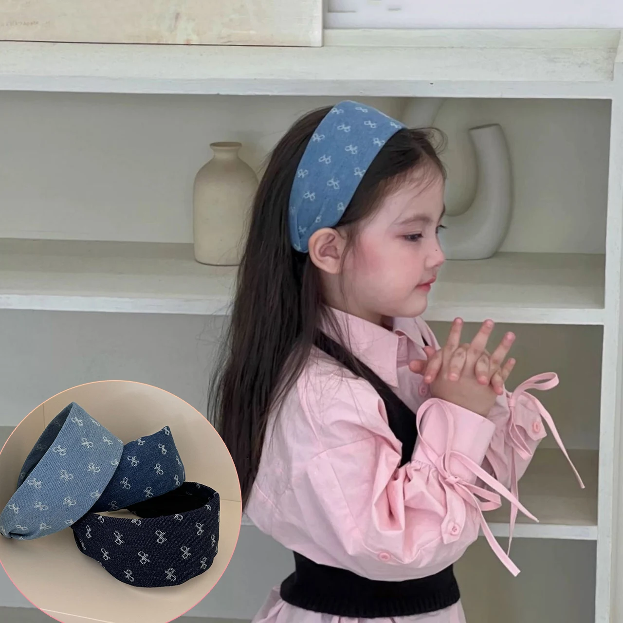 

Blue Denim Wide Hair Hoops Women Girl Hairband Print Bow Headband Children Hair Clip Anti-slip Non-Tightening Hair Accessory