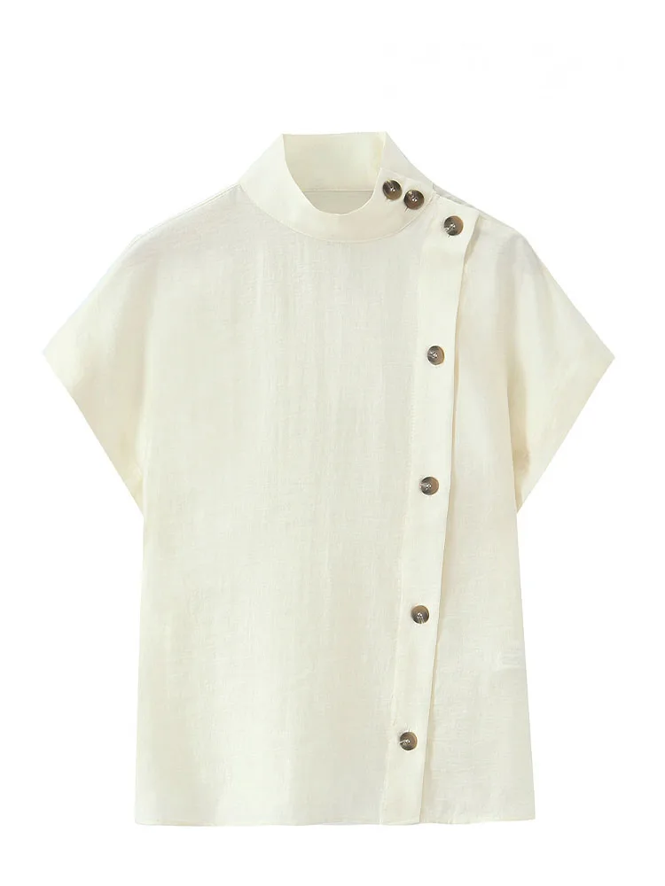 

HH Women's Fashion Breasted Decoration Short Sleeve Top Female Summer Loose High Street Half-high Collar Solid Top Mujer