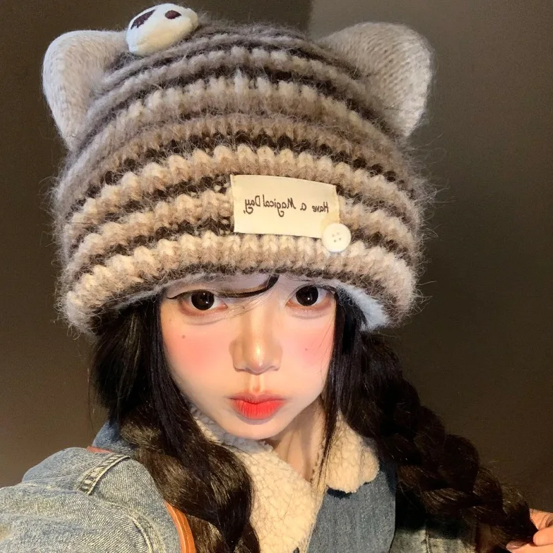 Japanische Cartoon-Strickmütze mit süßen Streifen, Winter-Outdoor-Mütze mit Katzenohren, warme Ohrenschutz-Beanie-Mütze für Damen – Detail 1
