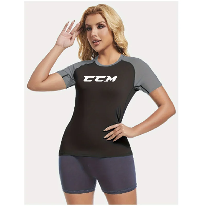 CCM Letter Print Compression Shirts For Men Summer Short Sleeve Rash Guard Gym Workout Running Tshirt  Athletic Quick Dry TShirt