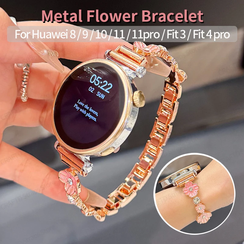 18mm 20mm 22mm Metal Flower Bracelet for Huawei Watch GT6/GT5 Pro/GT4/GT2/3 Watch Strap for Huawei 8 9 10 Band Fit 4 Accessories