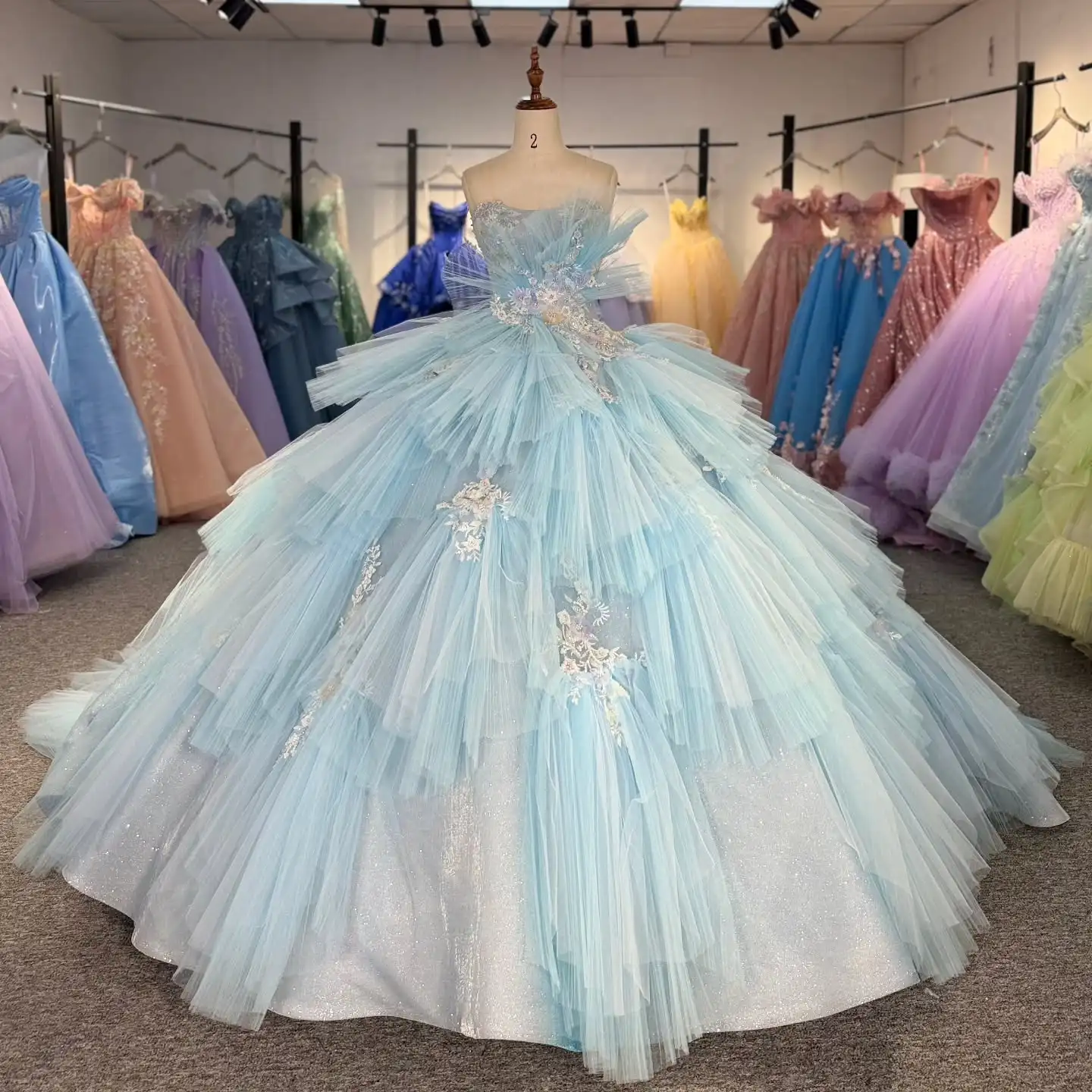 

Light Blue Ball Gown Quinceanera Dresses Off The Shoulder Applique Tiered Tull Beading Party Birthday Sweet 16 Dress Vestidos 15