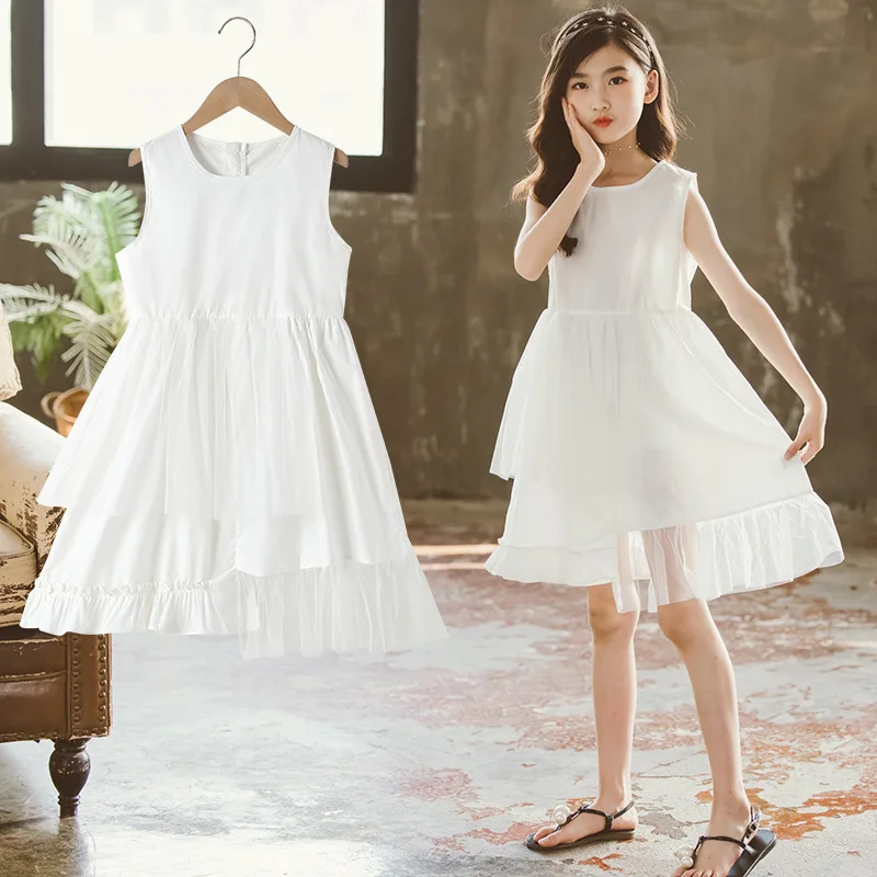 

Korean Summer Junior Girl Vacation Dress Children Girl Sleeveless Cake Dress School Girl Lace Gauze Patchwork One-piece Dress