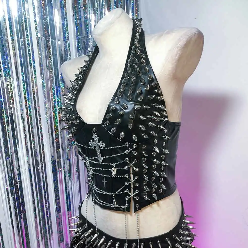 

DIY Готический топ в стиле гранж, эмо, панк-рок, Y2K, кибер-тренд, с заклепками и шипами, с черепами, в стиле Харадзюку, кавай, для E-Girls, эко-стиль, 90-е