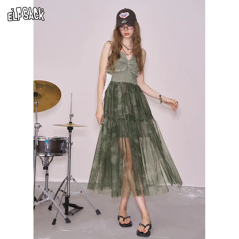 

ELFSACK 2025 Summer New Arrival Design Camouflage Mesh Splicing Halter Long Dress For Woman