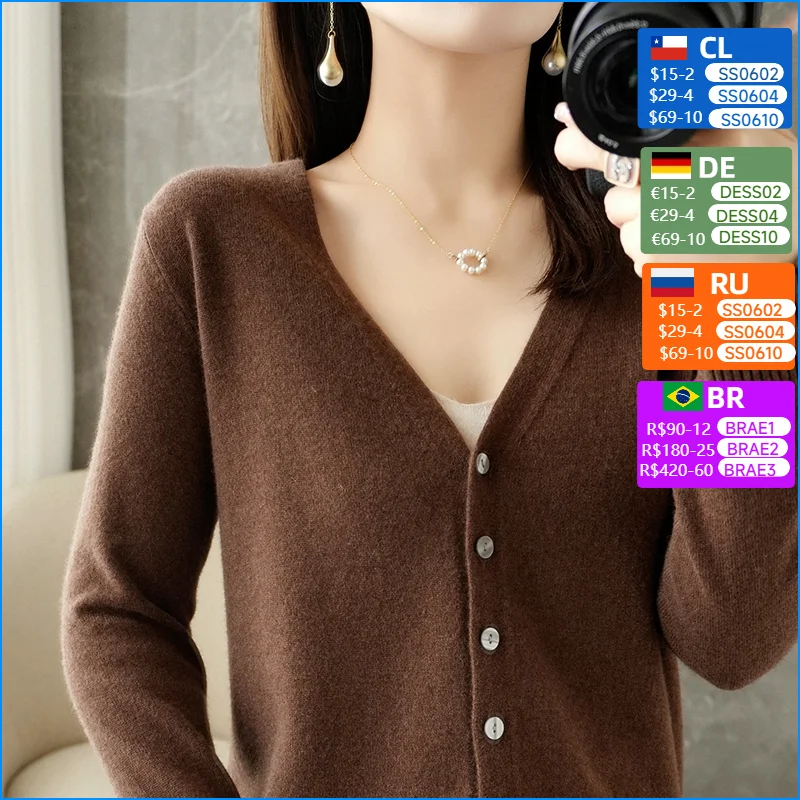 

Women V-neck Long Sleeve Cardigan Merino Wool Sweater Autumn Winter Cashmere Casual Knitwear Solid Jacket Bottoming Tops