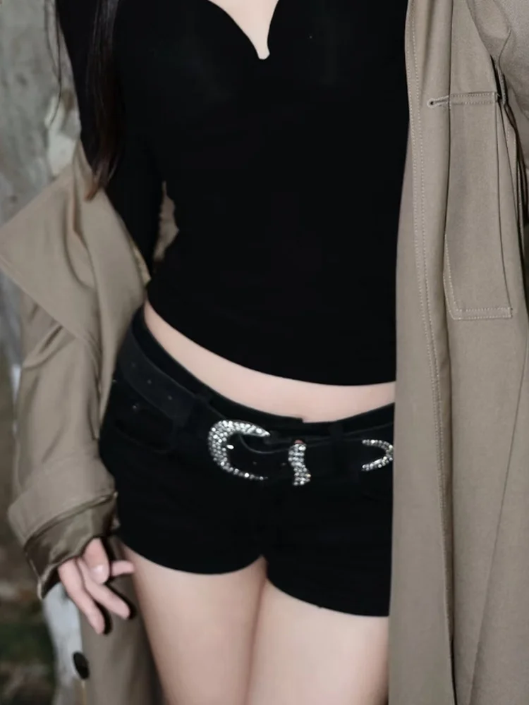 

Модные джинсовые шорты Y2K для женщин: универсальные, с низкой талией, облегающие, черные, для ночного клуба, летний тренд