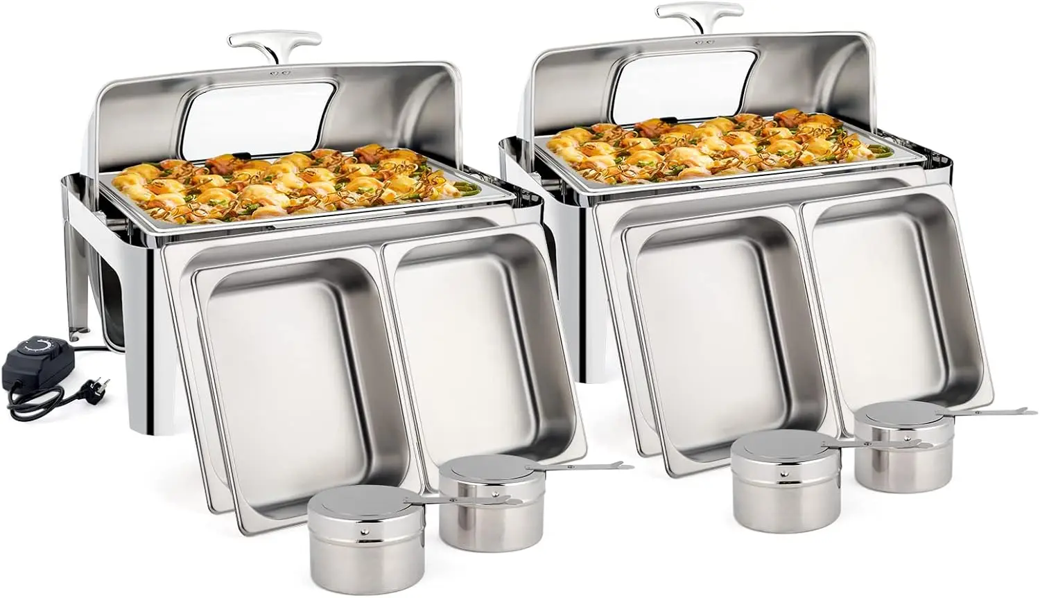 

ROVSUN 9 QT 2 Packs Stainless Steel Chafing Dish Buffet Set with Electric & Fuel Heating, NSF Roll Top Catering Chafer Server